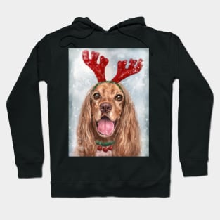 Painting of a Smiling Cocker Spaniel with a Reindeer Headpiece Antlers Costume in the Snow Hoodie